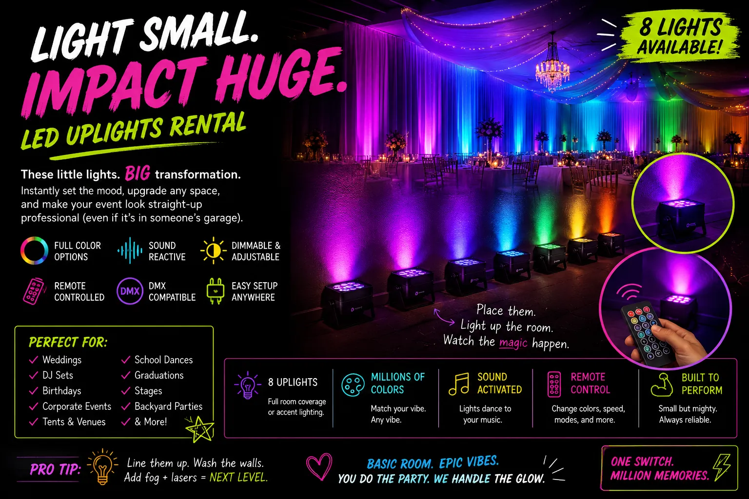🌈 LED Uplight Rental (Available as Individual Lights or Full 8-Light Package)