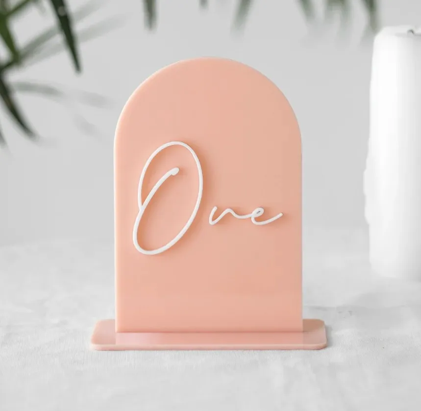 Arch Script Acrylic Table Number - Peach/White