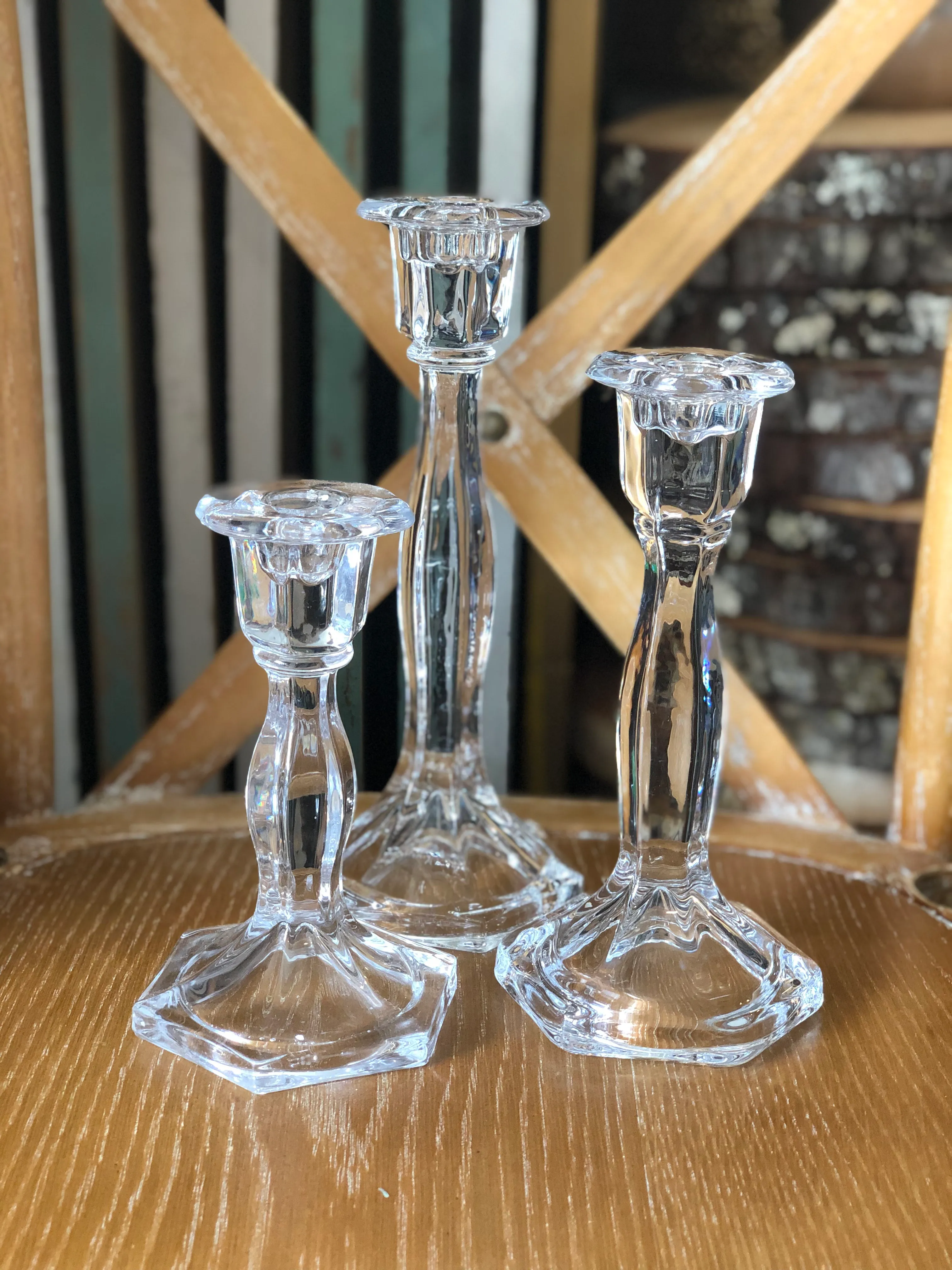 Geo Design Glass Taper Candlesticks - Clear