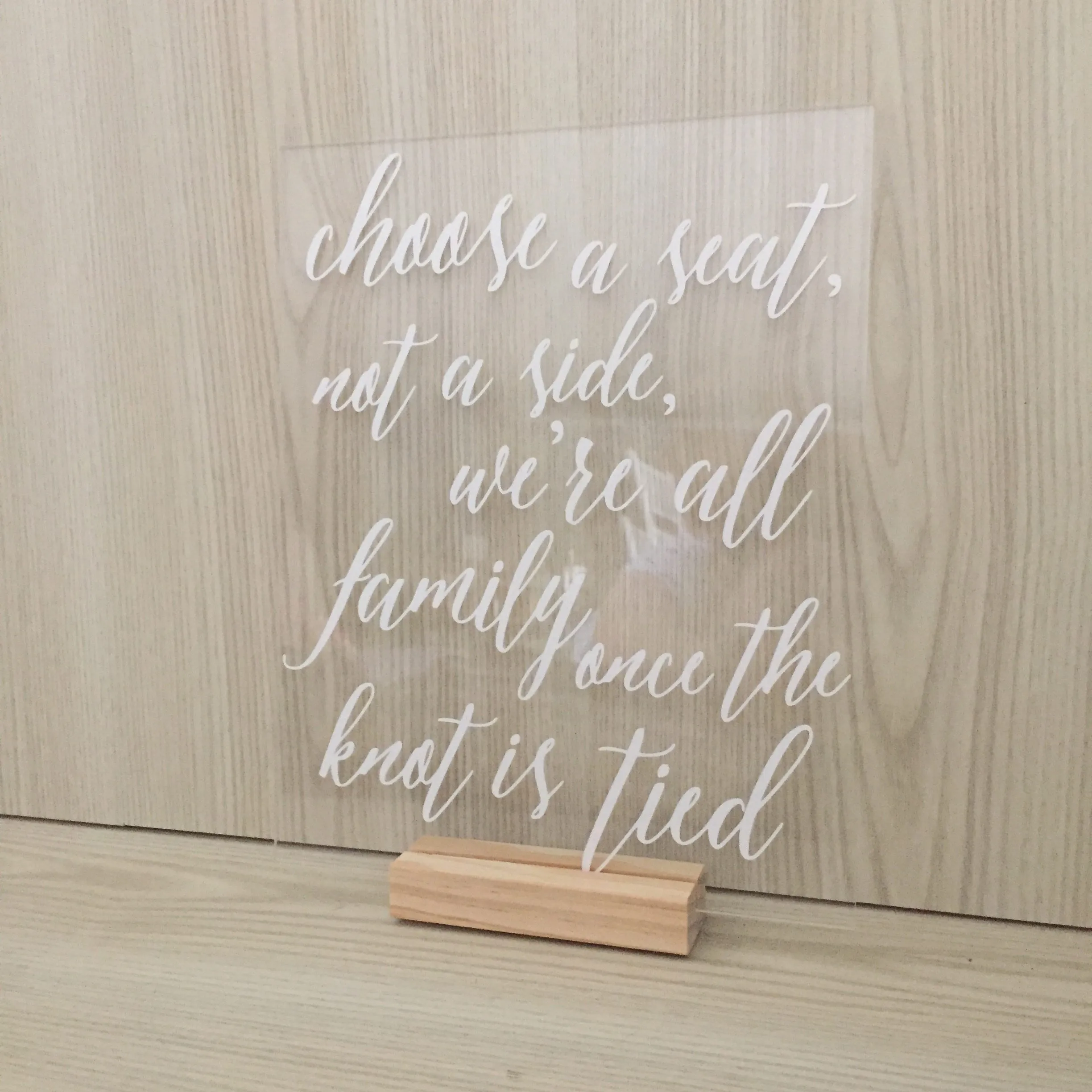Mae Acrylic Choose A Seat Sign - White with Wooden Base