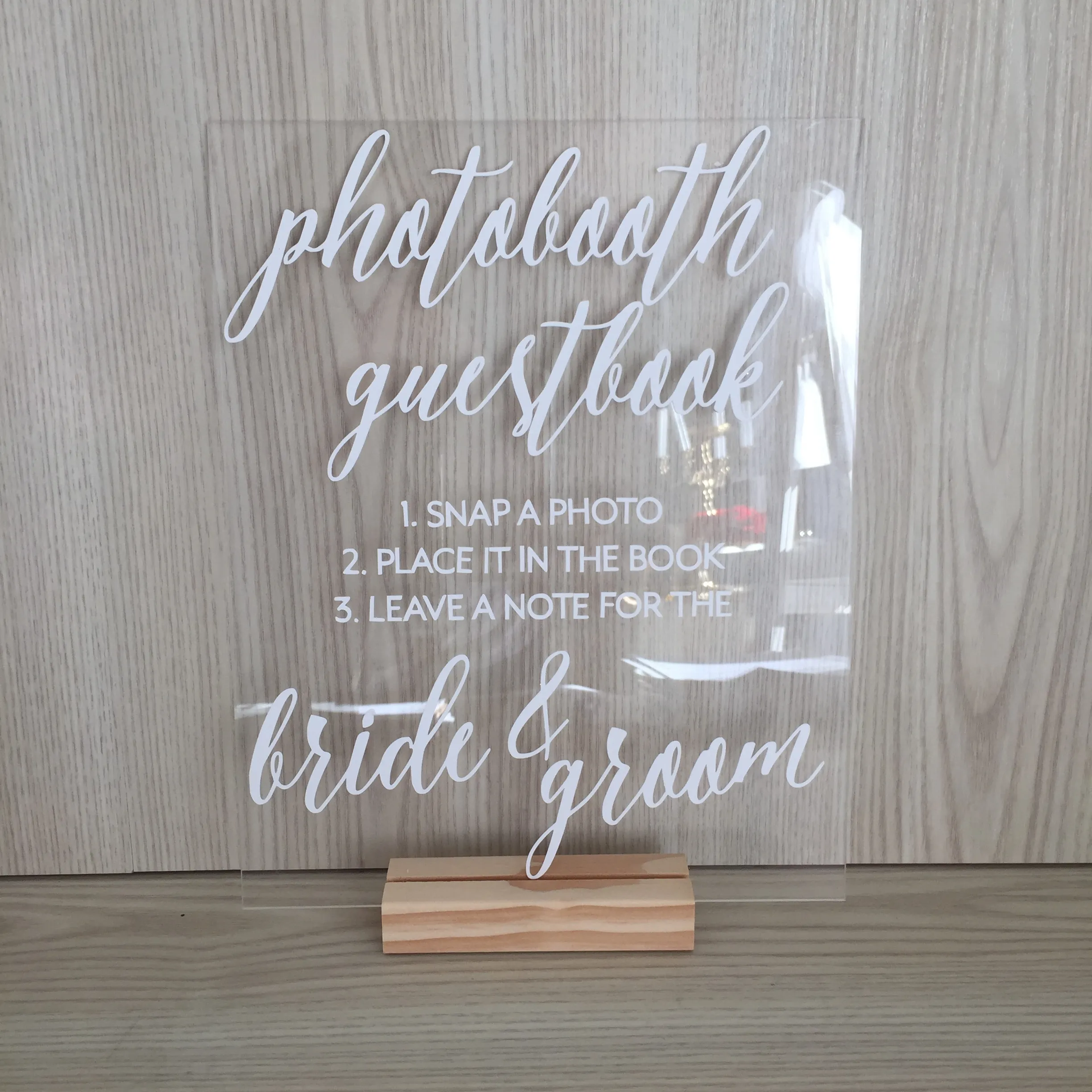 Mae Acrylic Photobooth Guestbook Sign - White with Wooden Base