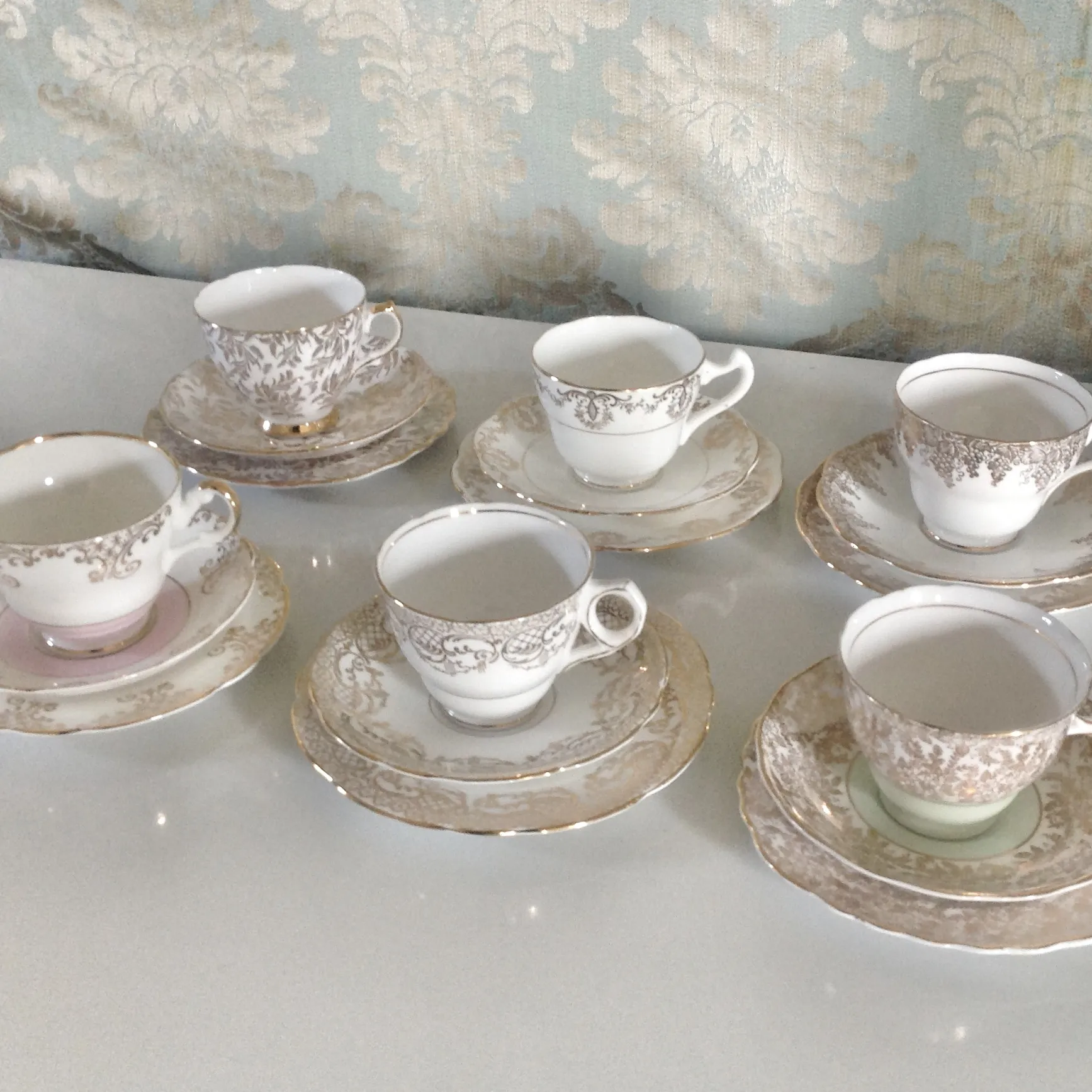 Vintage Tea Cup Trio Set - White and Gold Chintz designs