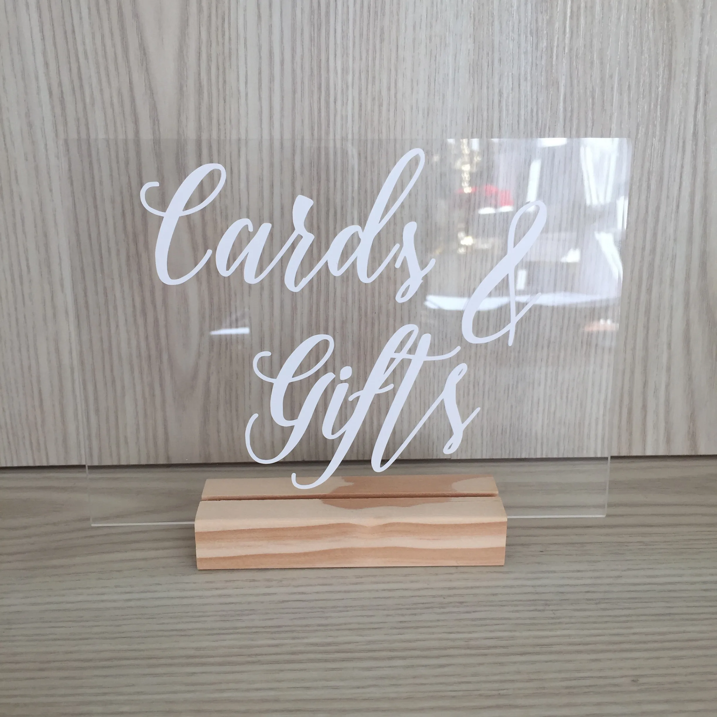 Mae Acrylic Cards & Gifts Sign - White with Wooden Base