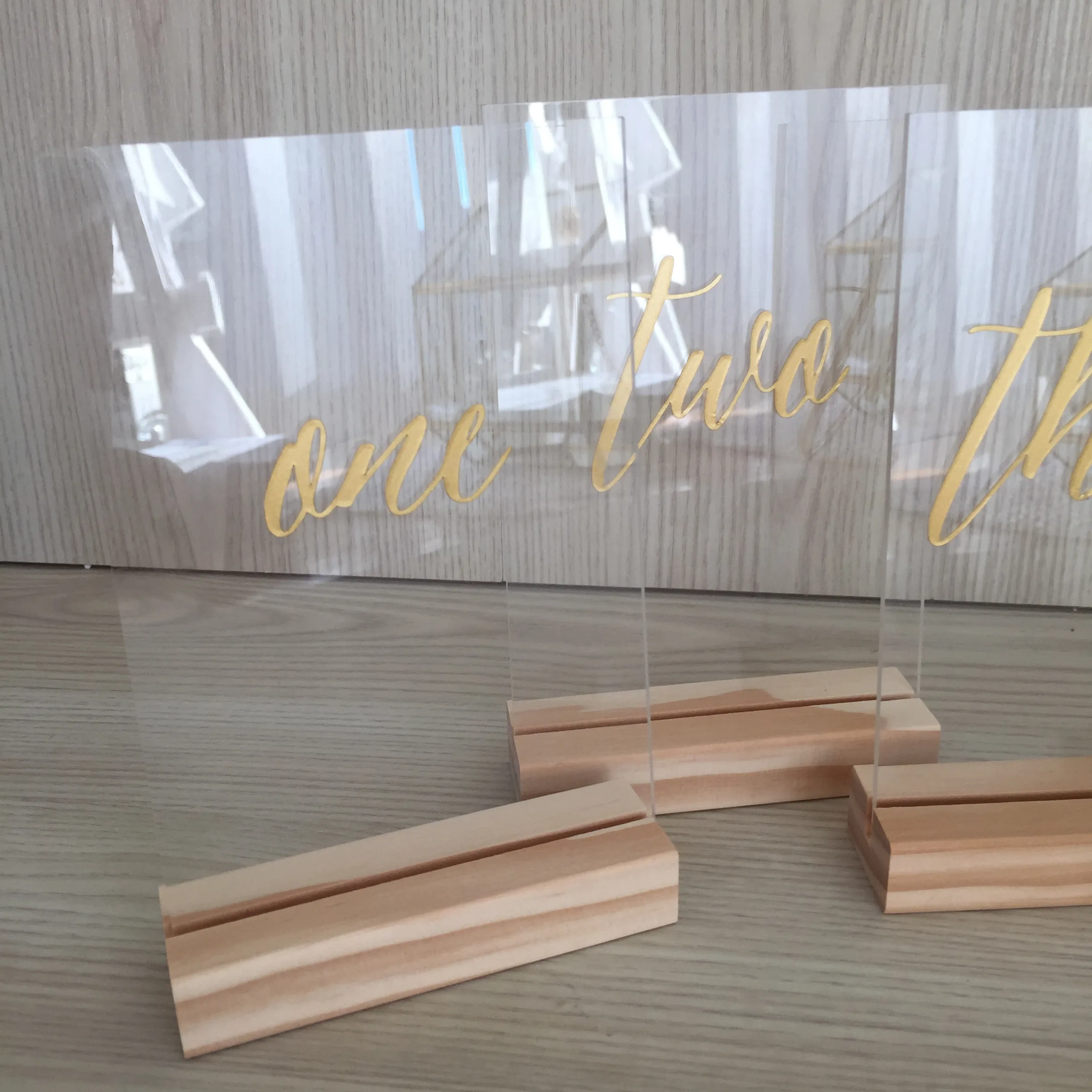 Mae Acrylic Table Number 4x6" - Gold with Wooden Base - SET #1