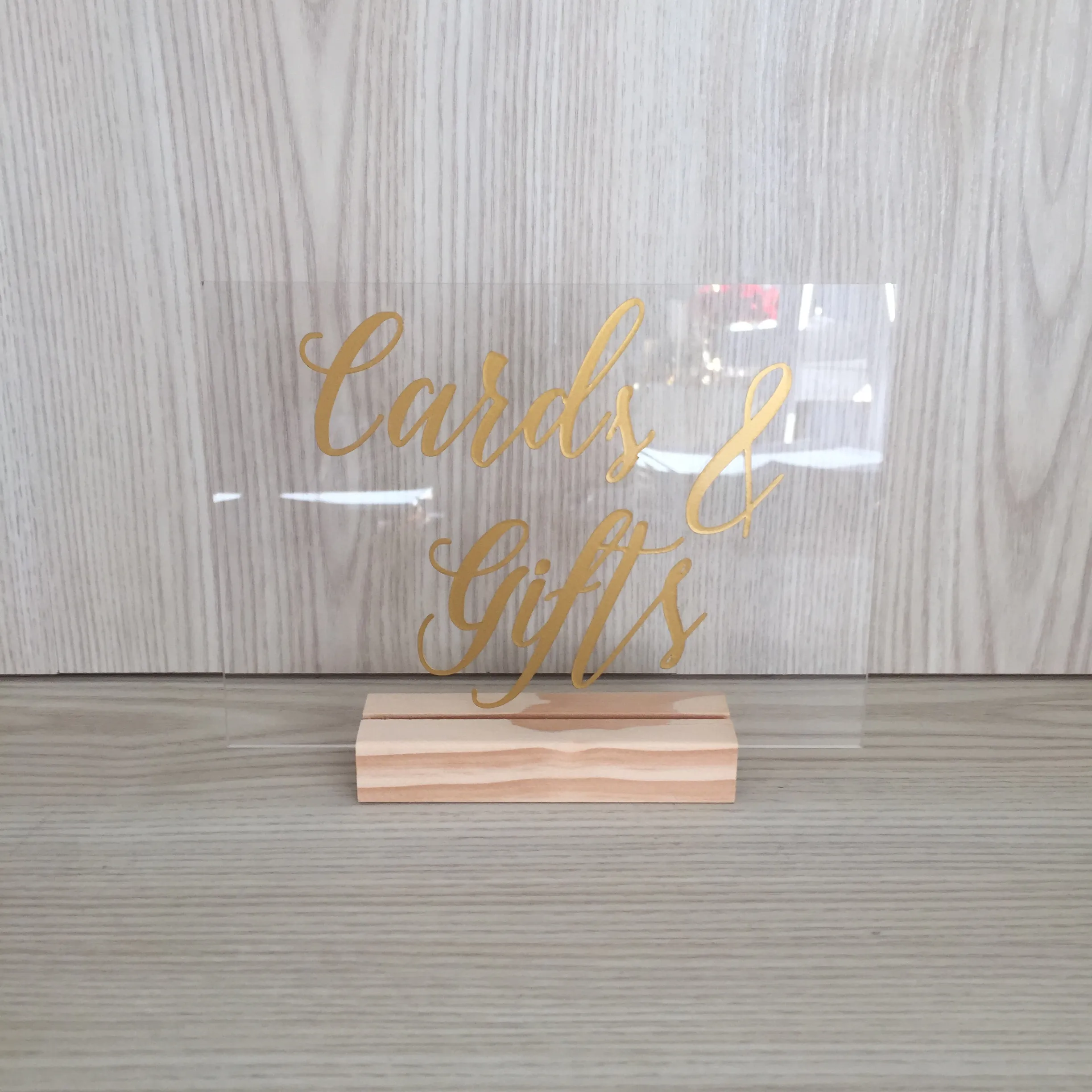 Mae Acrylic Cards & Gifts Sign - Gold with Wooden Base