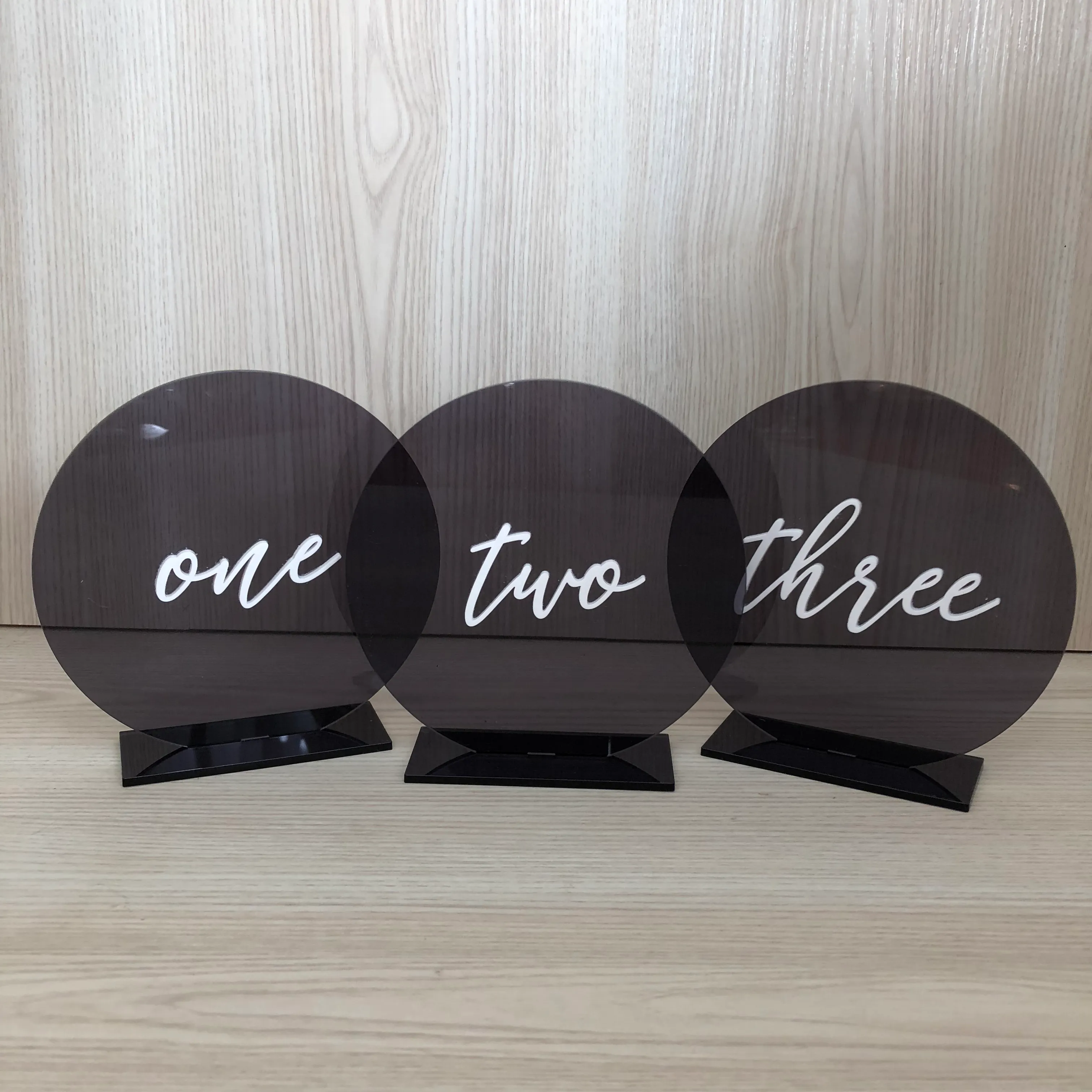 Round Acrylic Table Numbers - Smoke Grey/White
