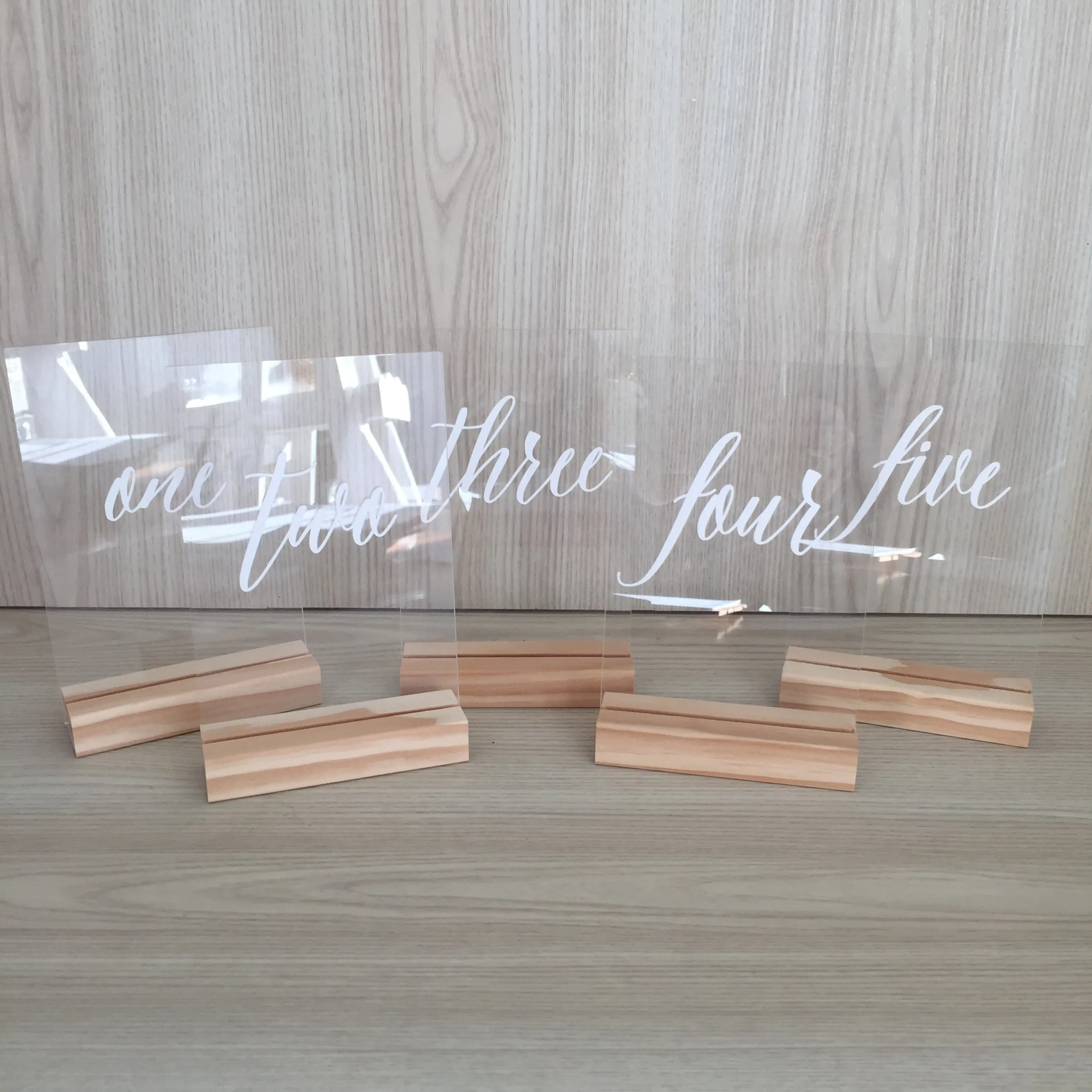 Mae Acrylic Table Number 4x6" - White with Wooden Base - SET #1