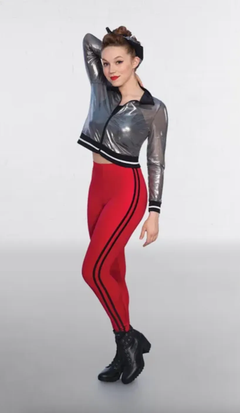 1ST POSITION - METALLIC MESH JACKET WITH CROP TOP AND SIDE STRIPE RED LEGGINGS