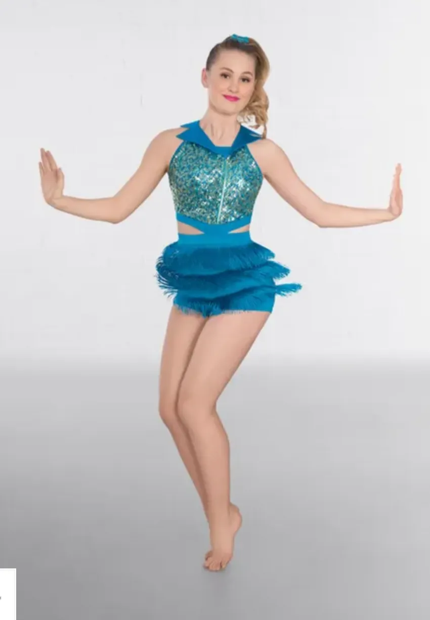 1st Position Collared Sequin Vest with  Fringe Shorts