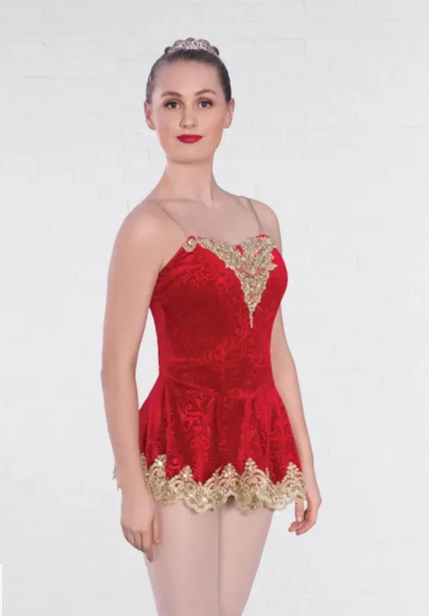 1st Position - Prestige Ruby Red Gold Trimmed Ballet Bodice with Matching Skirt Overlay