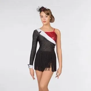 1ST POSITION ASYMMETRIC PINSTRIPE SEQUIN FRINGE LEOTARD