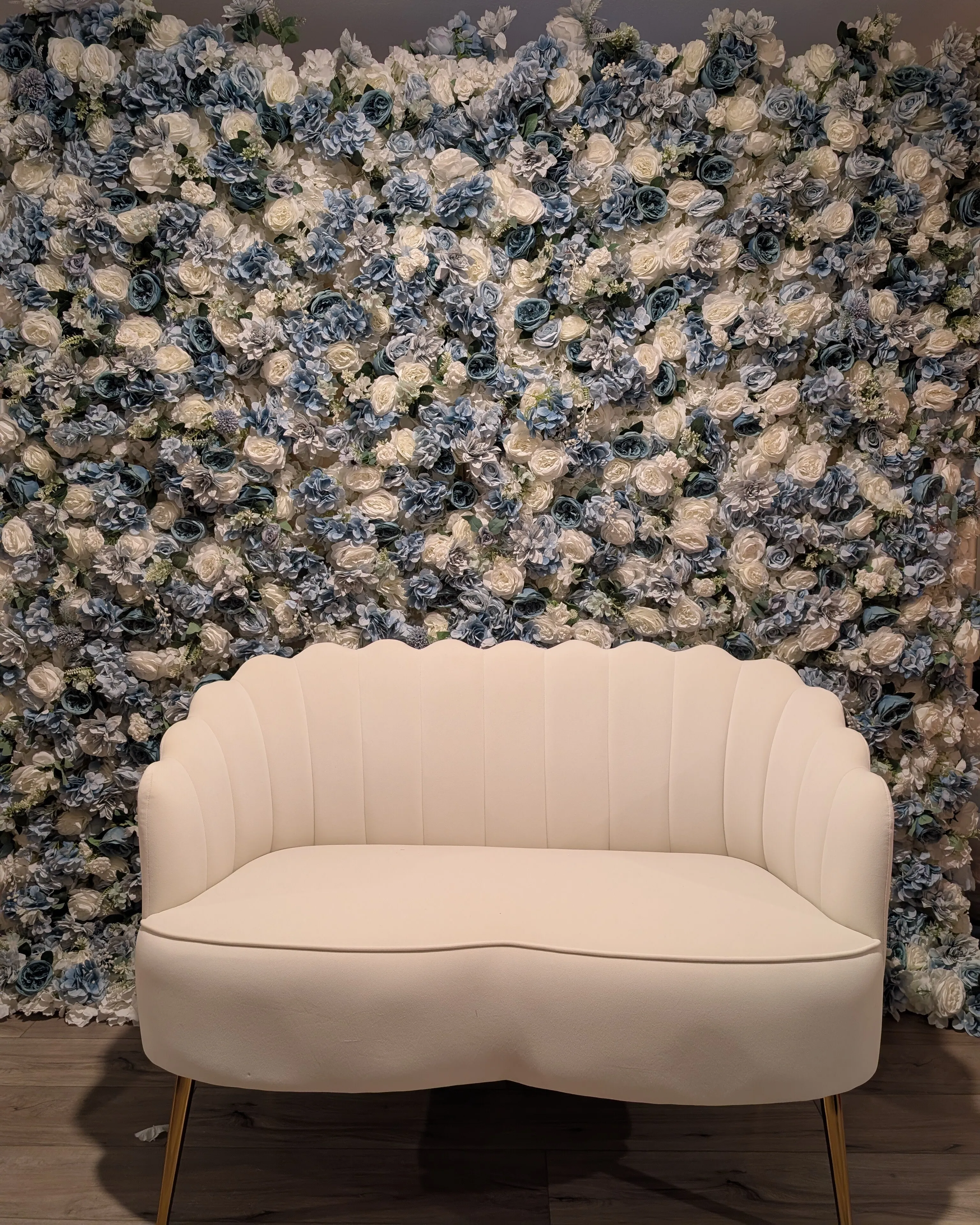Blue Flower Wall and White Love Seat