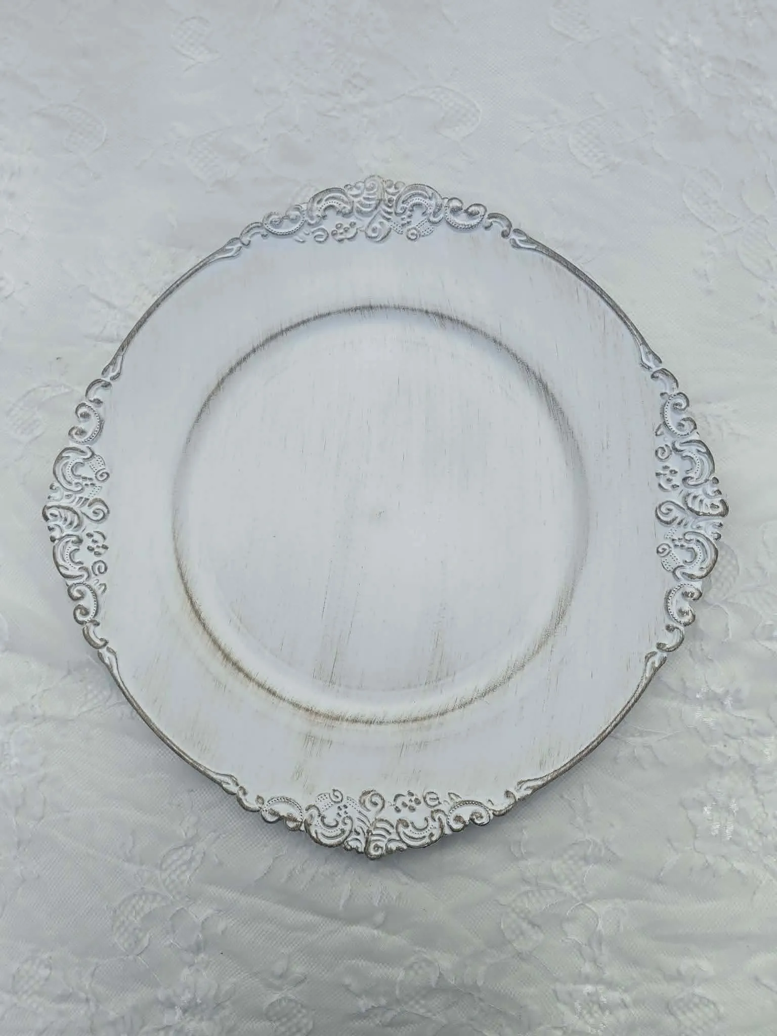 White Washed with Gold Embossed Baroque Rim Charger 13"