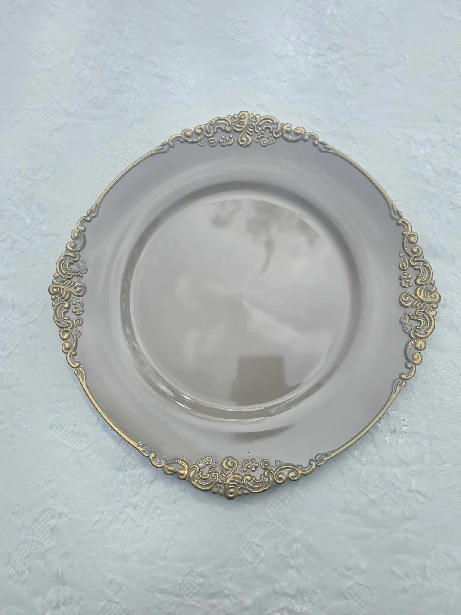 Nude Taupe with Gold Embossed Baroque Rim Charger 13"