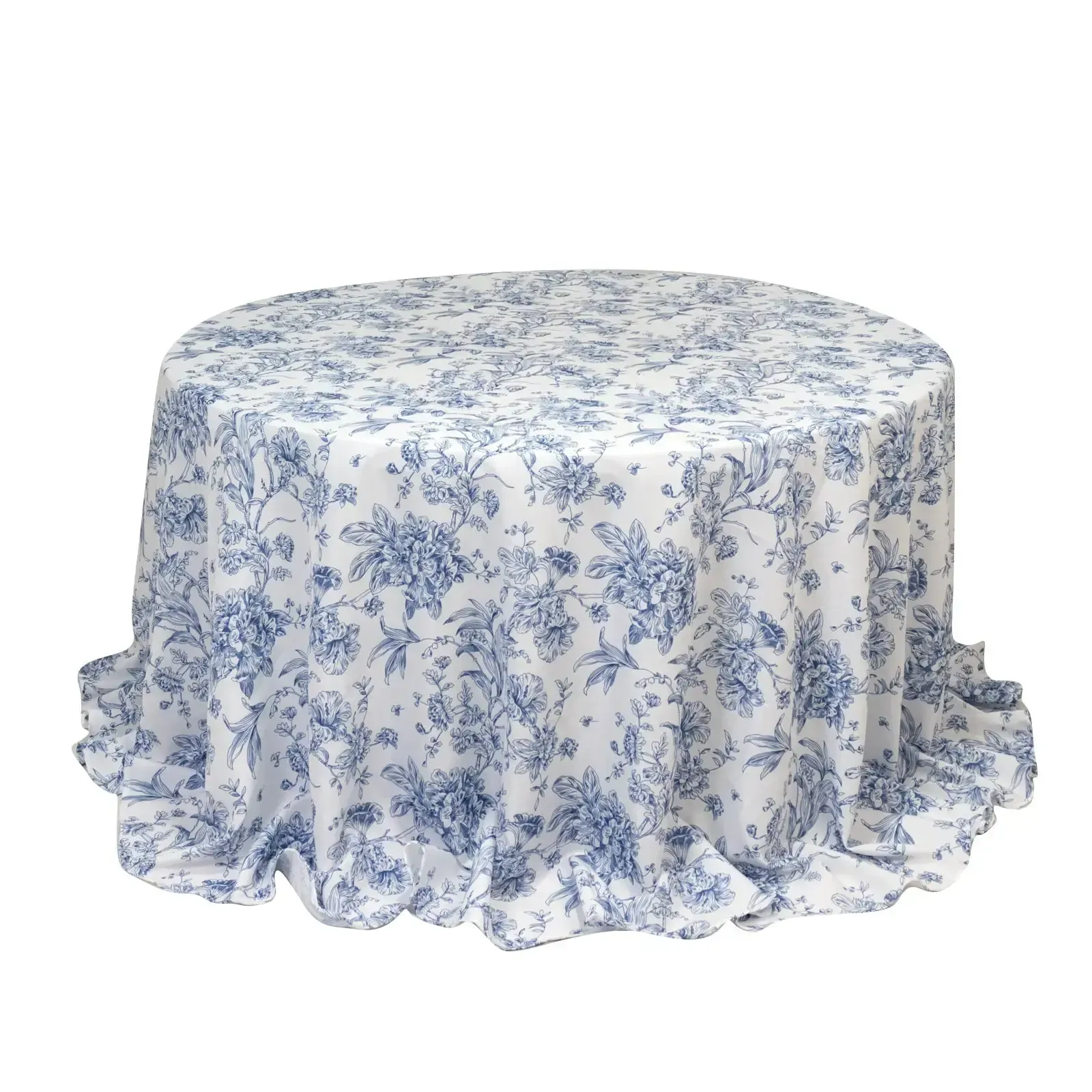 Polyester 132" Round Tablecloth White - Blue French Toile Pattern for Chic Weddings