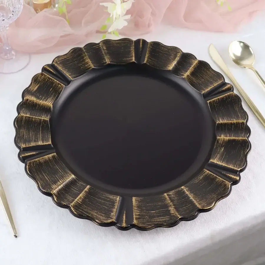 Matte Black with Gold Brushed Wavy Scalloped Rim Charger