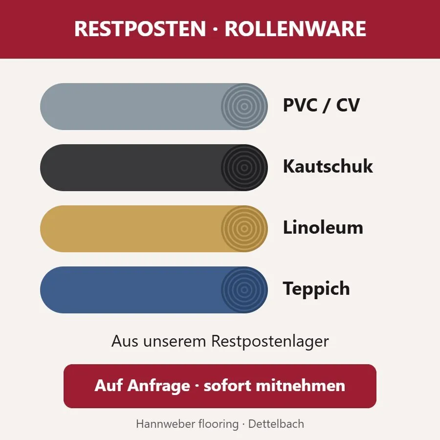 Restposten Rollenware auf Anfrage – PVC, Kautschuk, Linoleum, Teppich