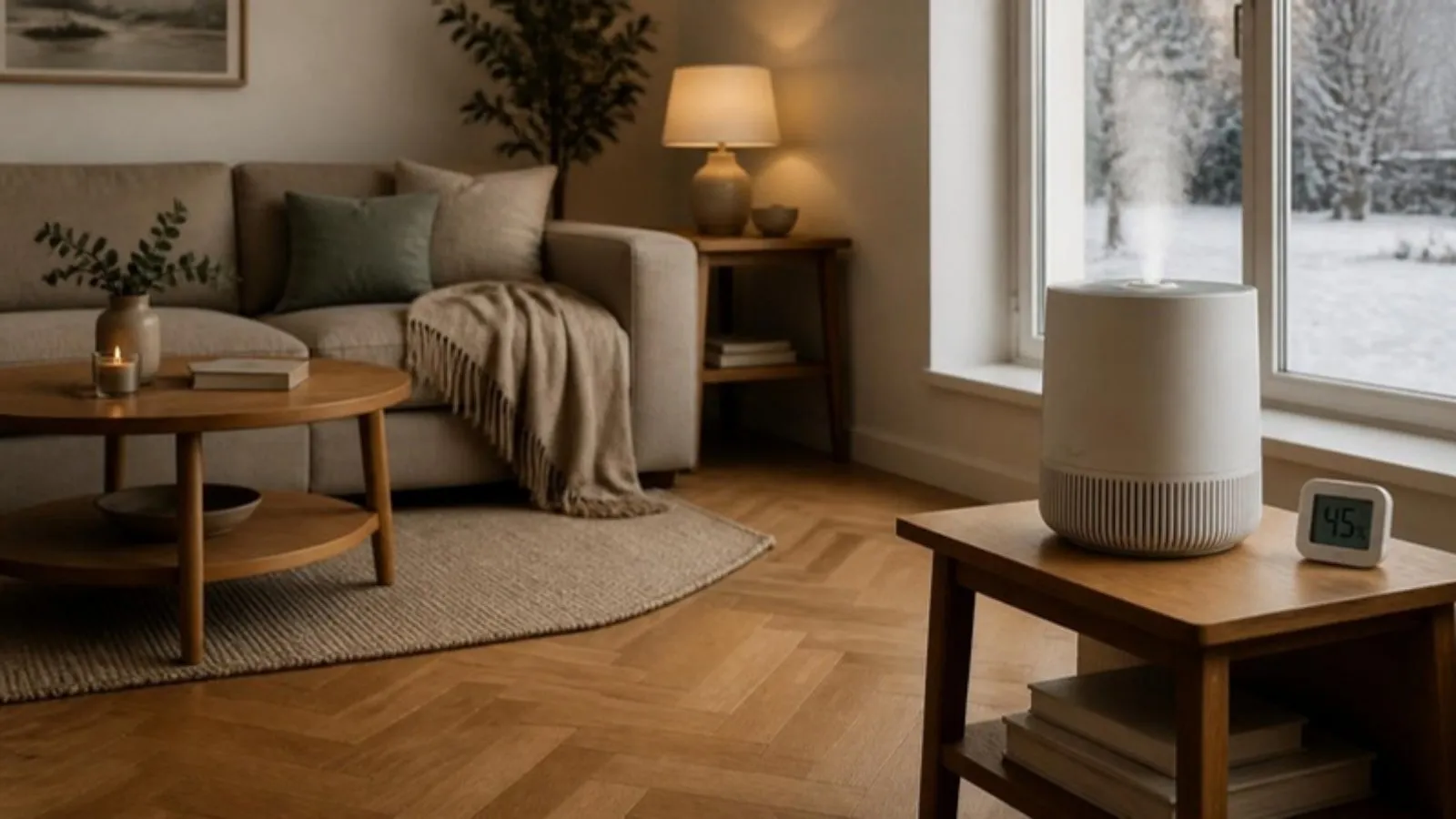 Parkett im Winter: Wohnzimmer mit Luftbefeuchter und Hygrometer
