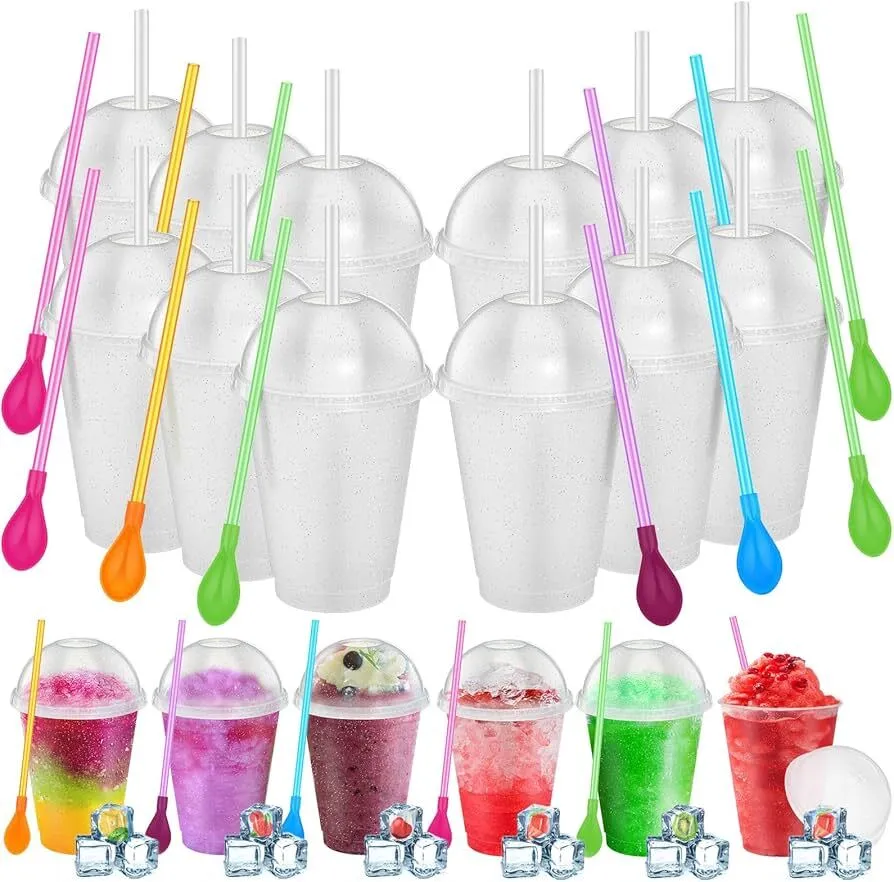 12 oz Plastic Cup with Dome Lid & Spoon Straw