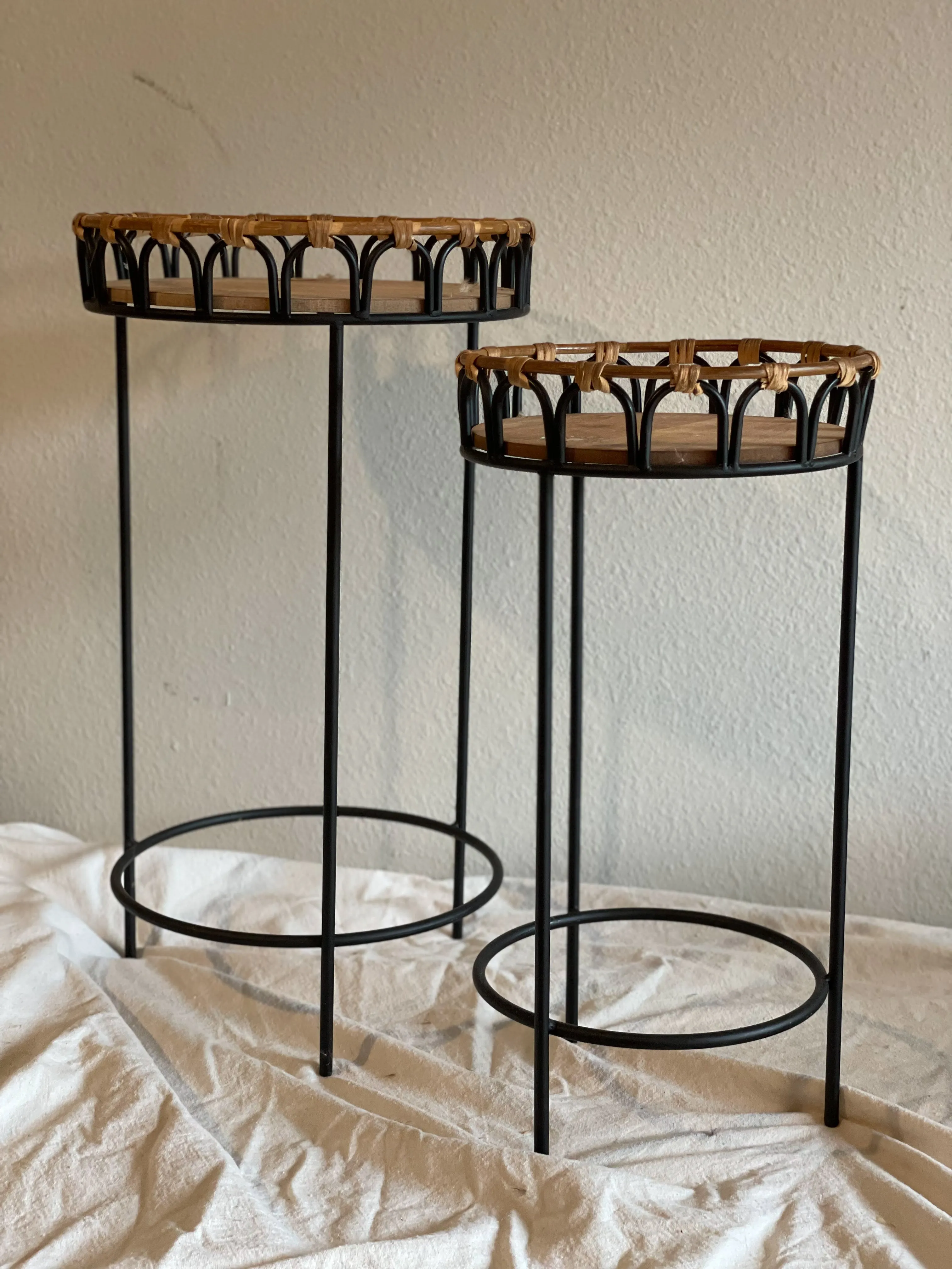 Metal rattan round side tables set