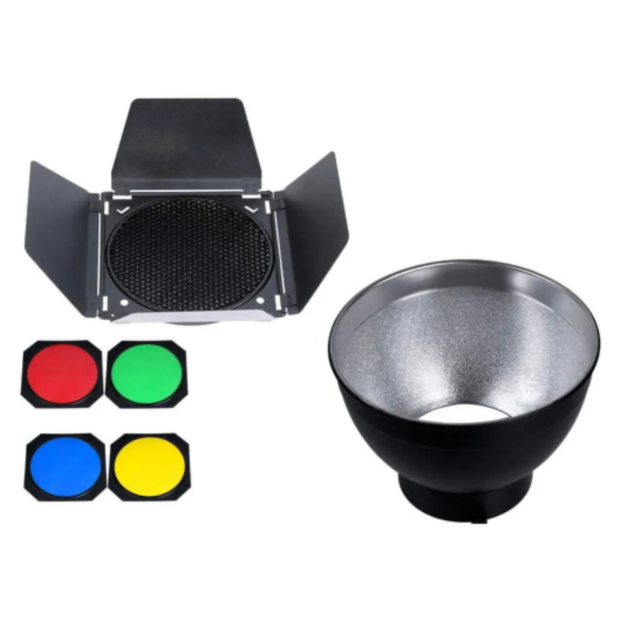 Coloured Gels, Honeycomb Grid, Bowl & Barndoors [Bowens Mount]