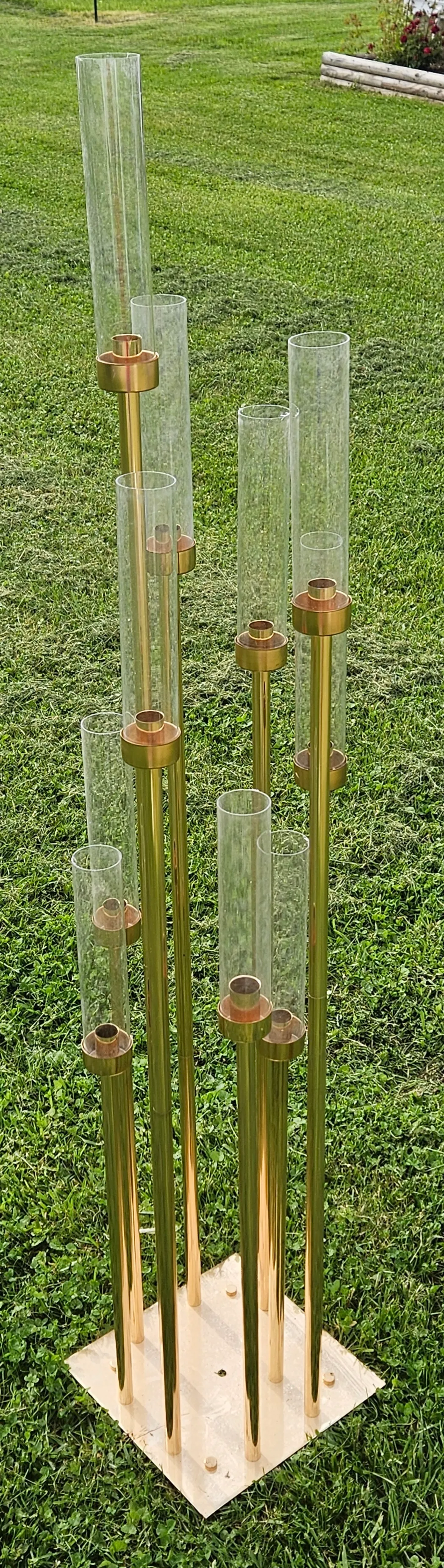 10-Arm Gold Cluster Taper Candle Holder w/ Clear Shades - 58" 