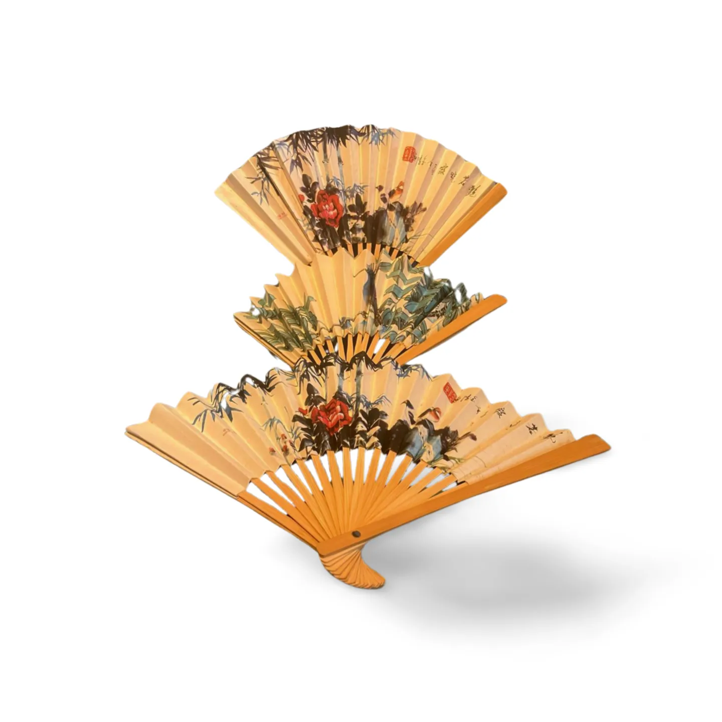 Hand Fans - Painted Paper and Wood x3