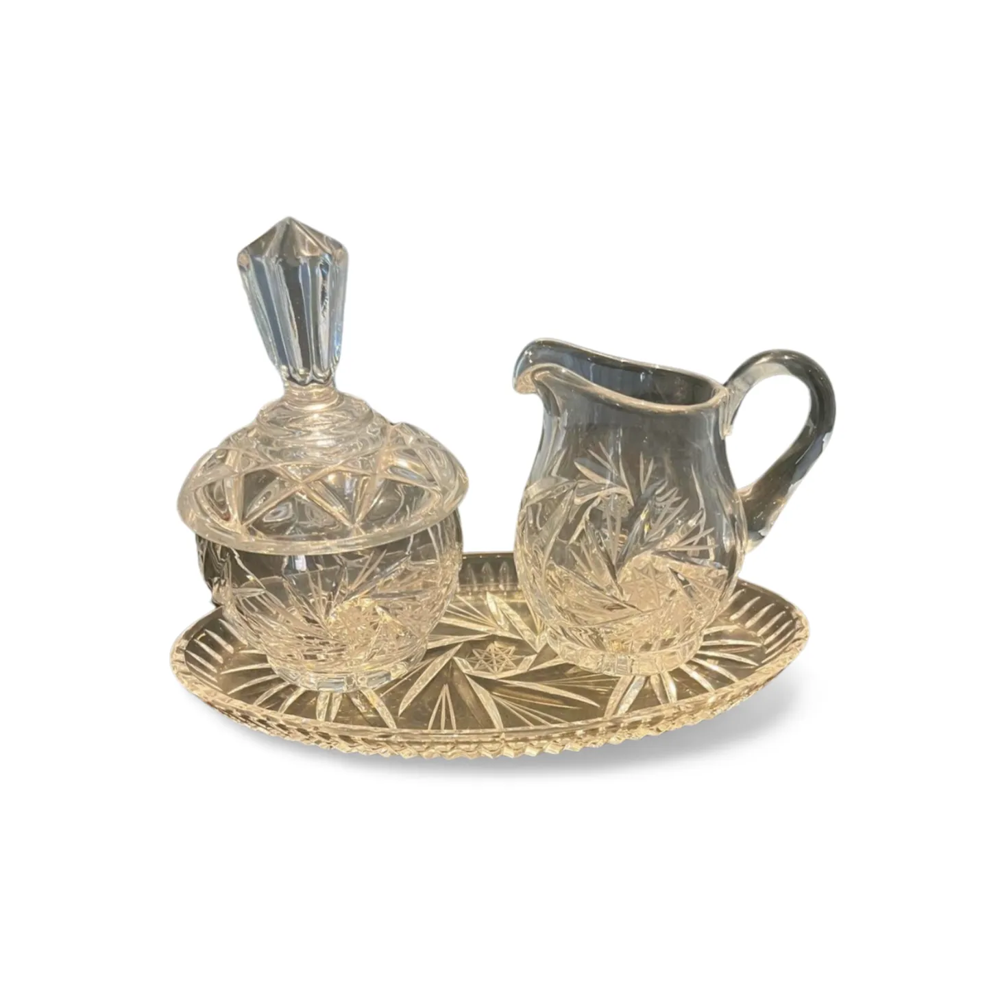 Milk Jug, Sugar Bowl & Tray Set - Cut Glass 