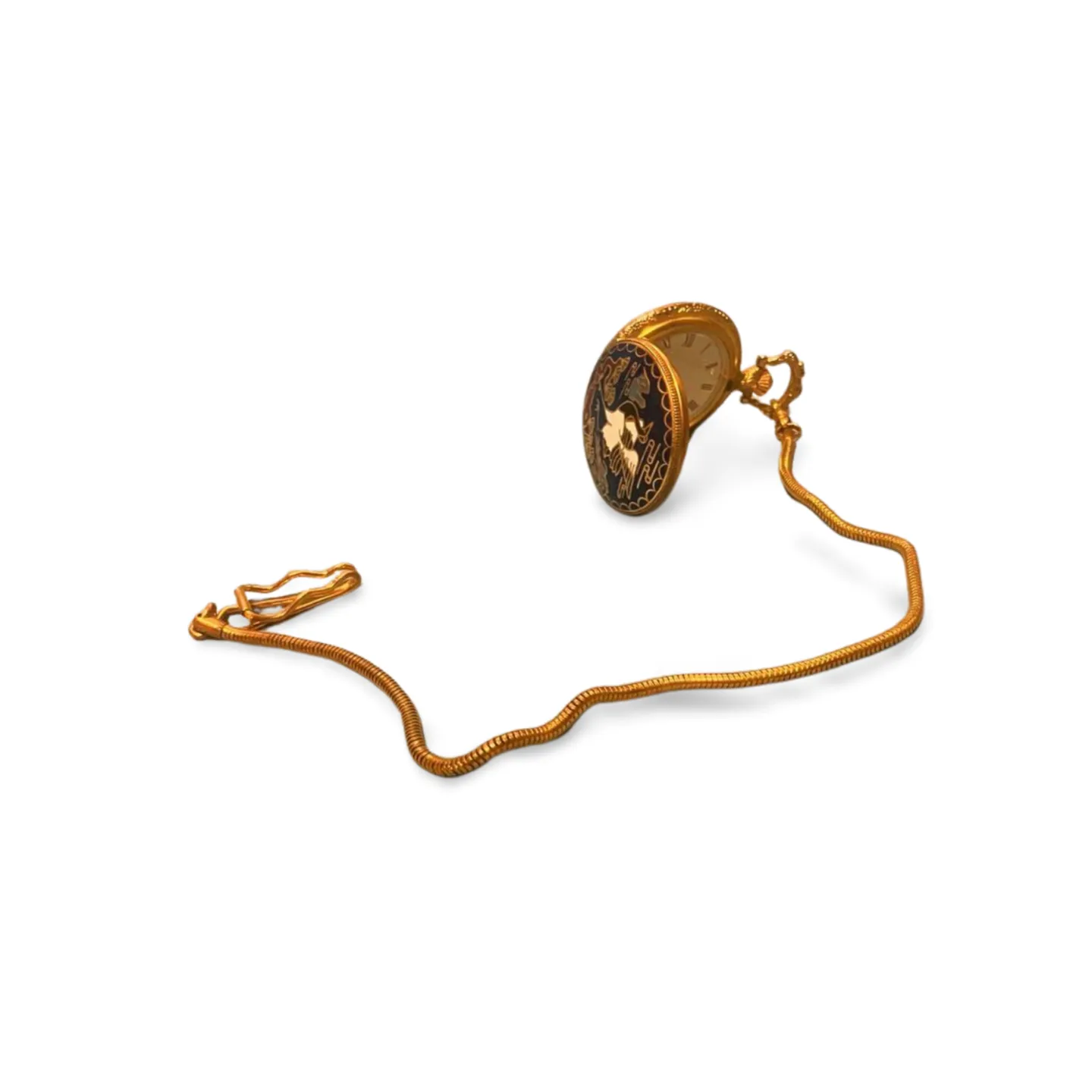 Fob Watch - Gold With Blue Enamel Case On Chain