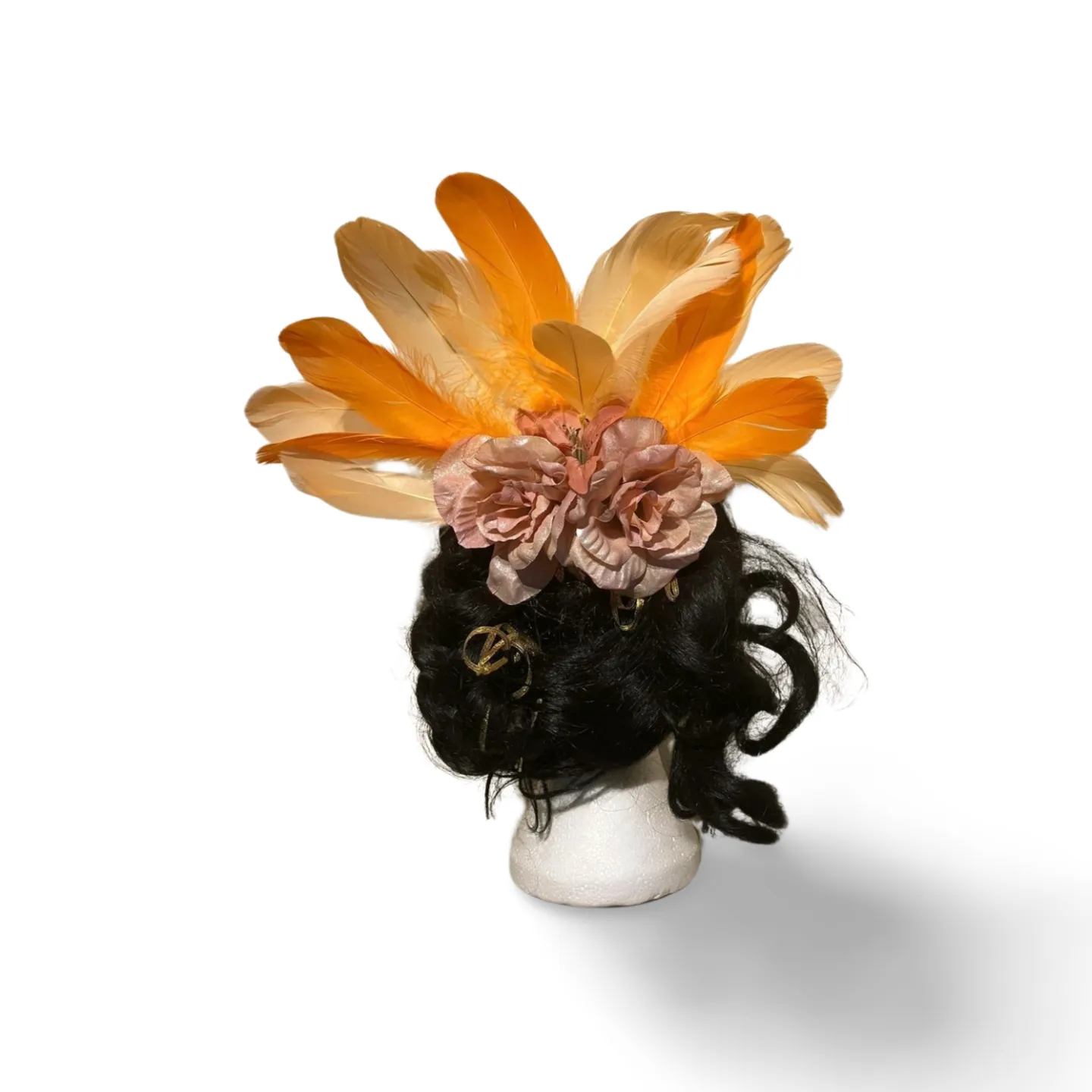Hair Comb - Yellow, Orange Feather and Flower Fascinator