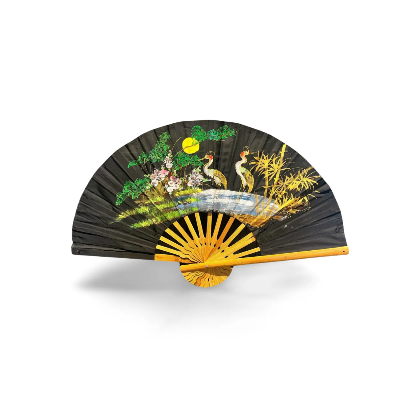 Oriental Wall Fan - Black with Herons