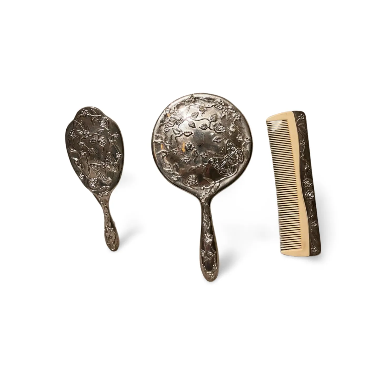 Hair Brush, Hand Mirror & Comb Set - Silver 