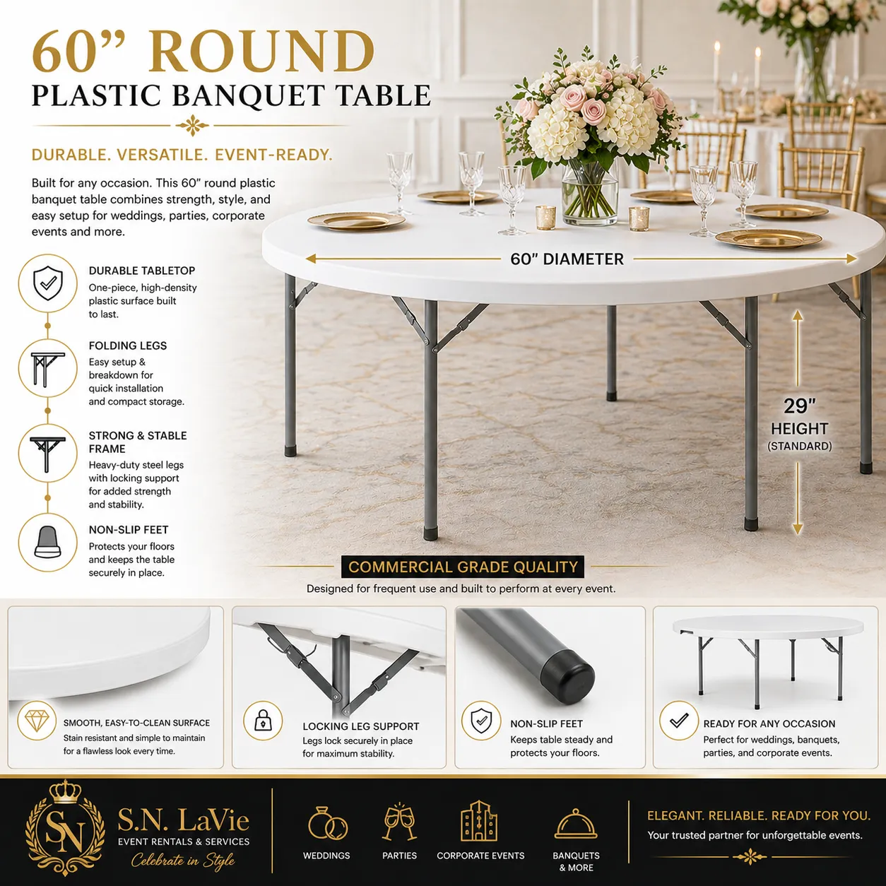 60" Round White Plastic Banquet Table – Seats Up to 8 Guests