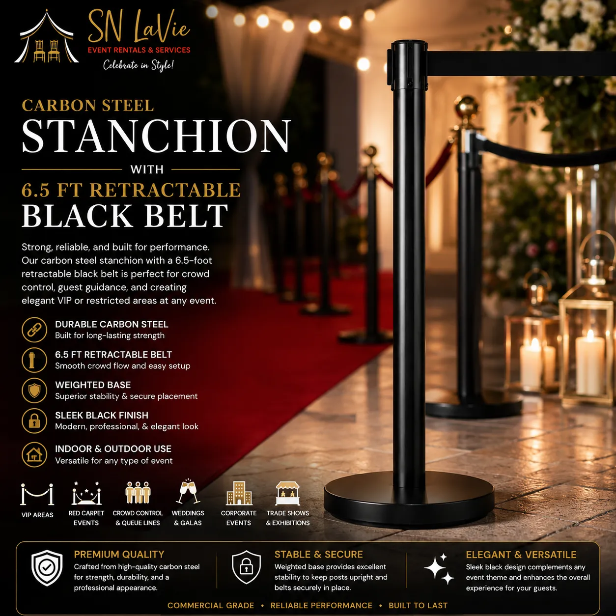 Stanchion Post with 6.5 FT Retractable Black Belt