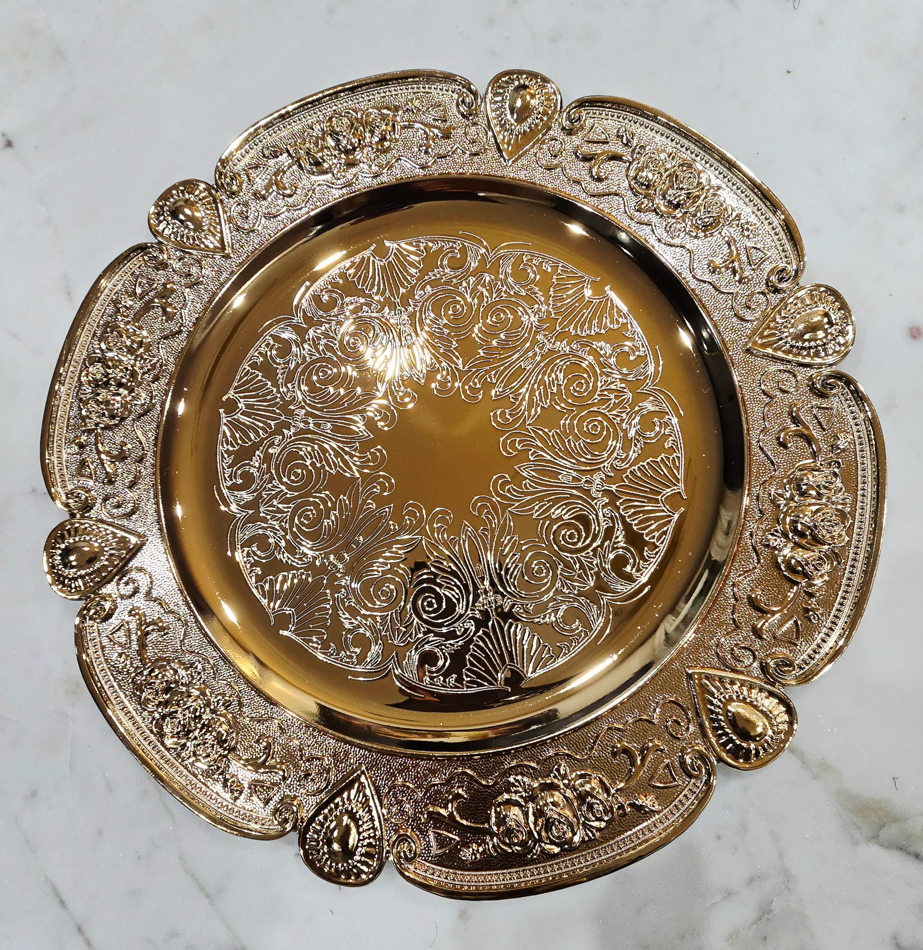 Acrylic 13" plate charger Gold Floral Emossed with scalloped Rim