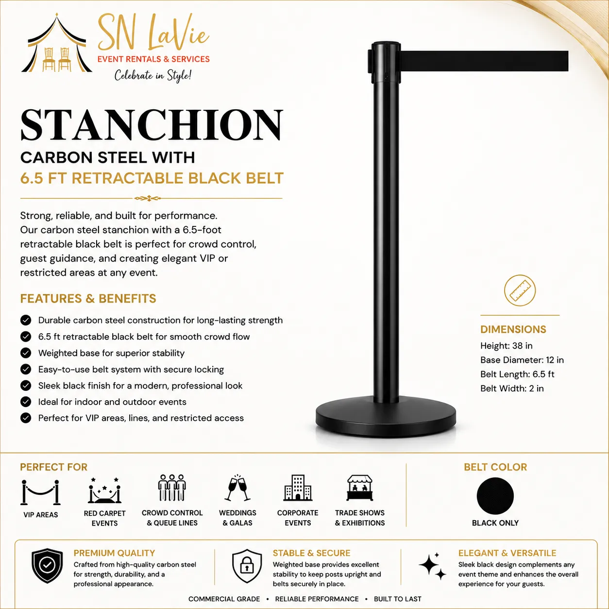 Stanchion Post with 6.5 FT Retractable Black Belt