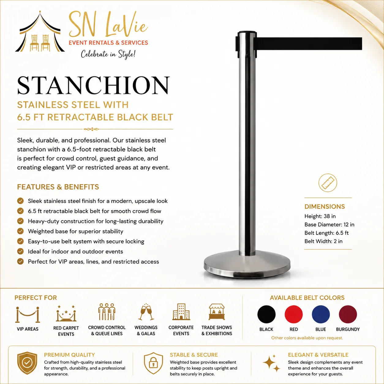 Stanchion Post with 6.5 FT Retractable Black Belt