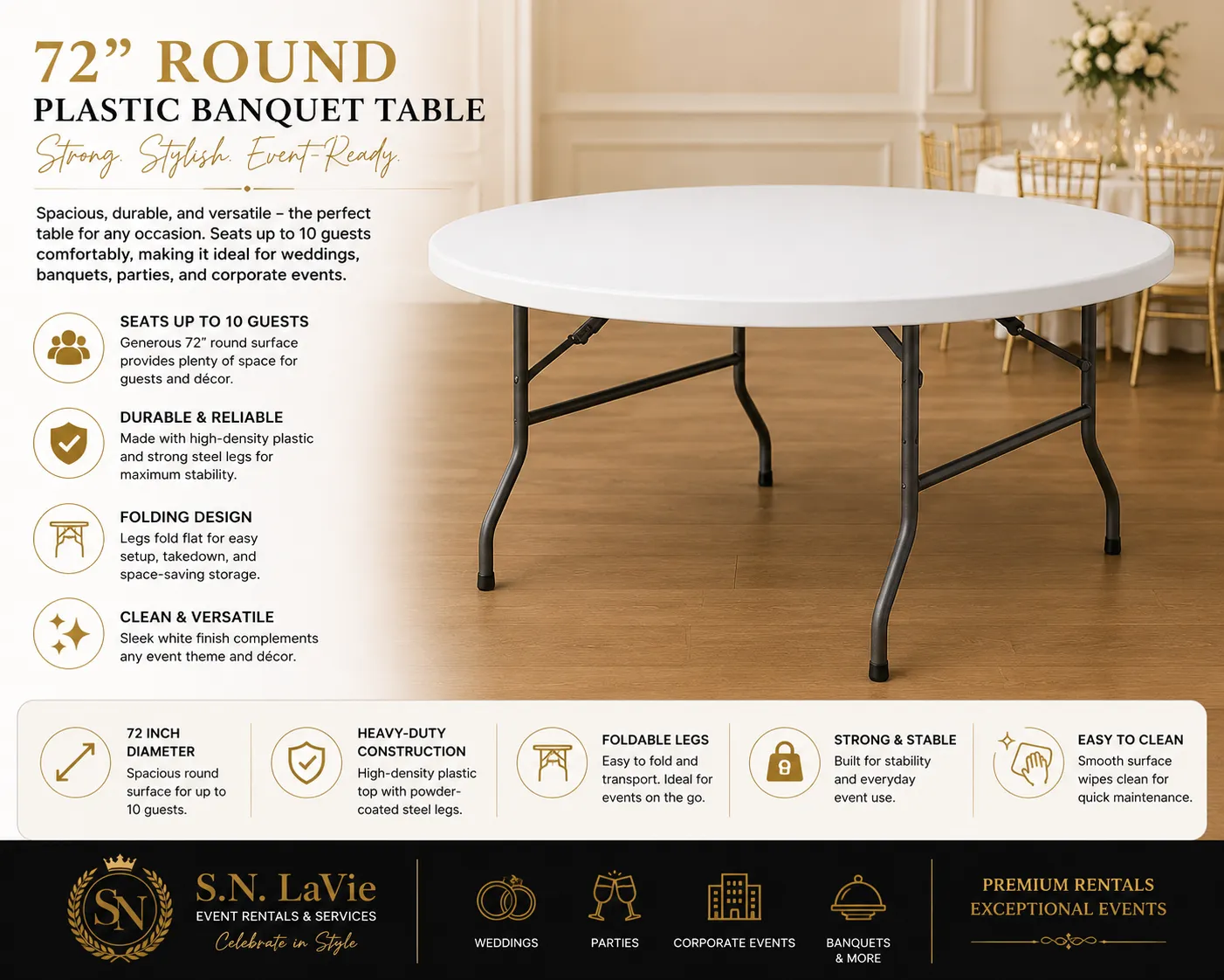 72" Round White Plastic Banquet Table – Seats Up to 10 Guests