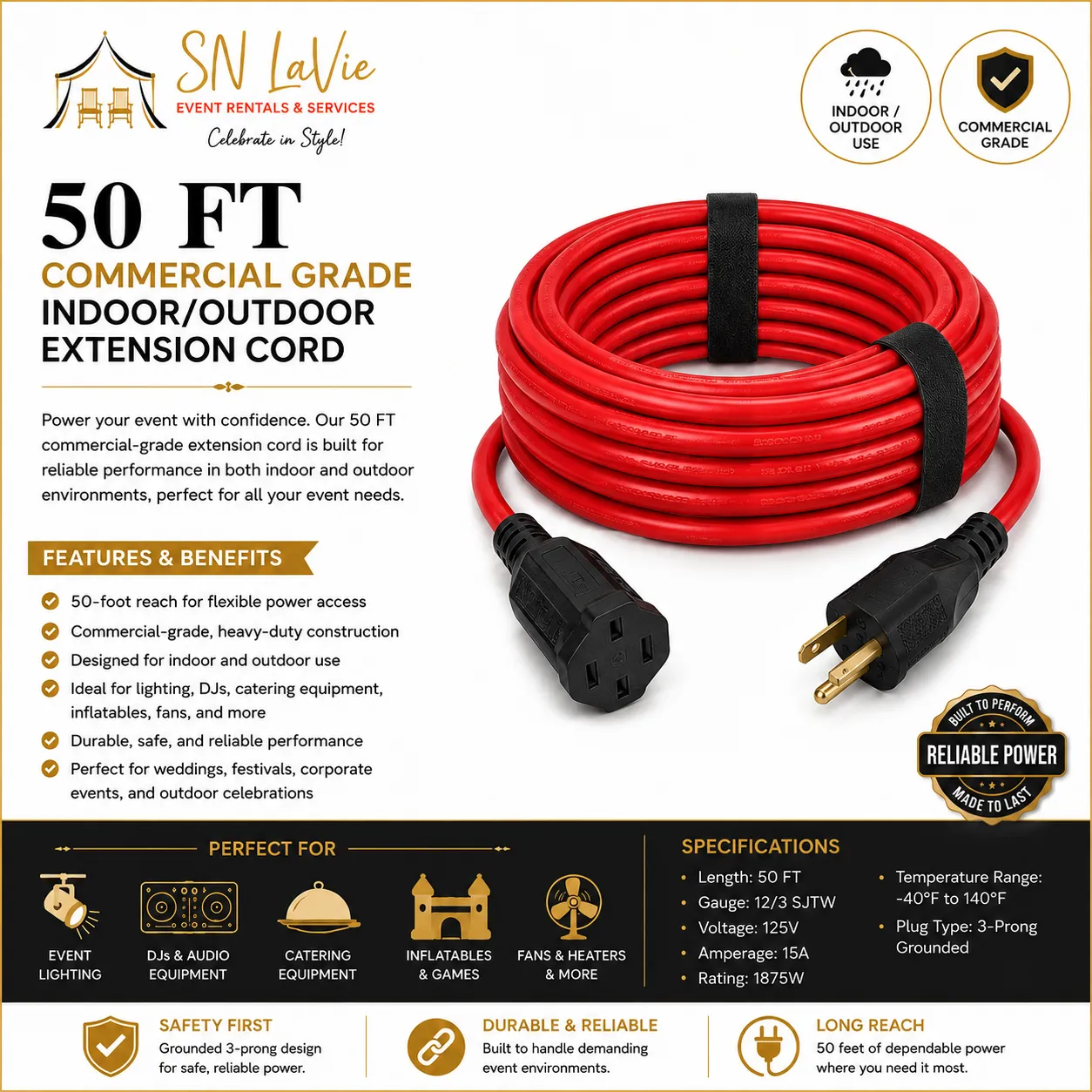 50 FT Commercial Grade Indoor/Outdoor Extension Cord