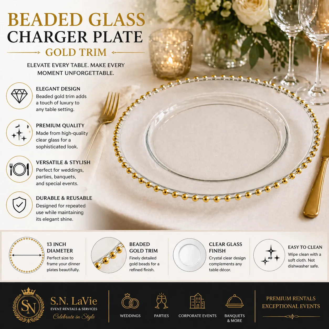 Beaded Glass Charger Plate – Gold Trim