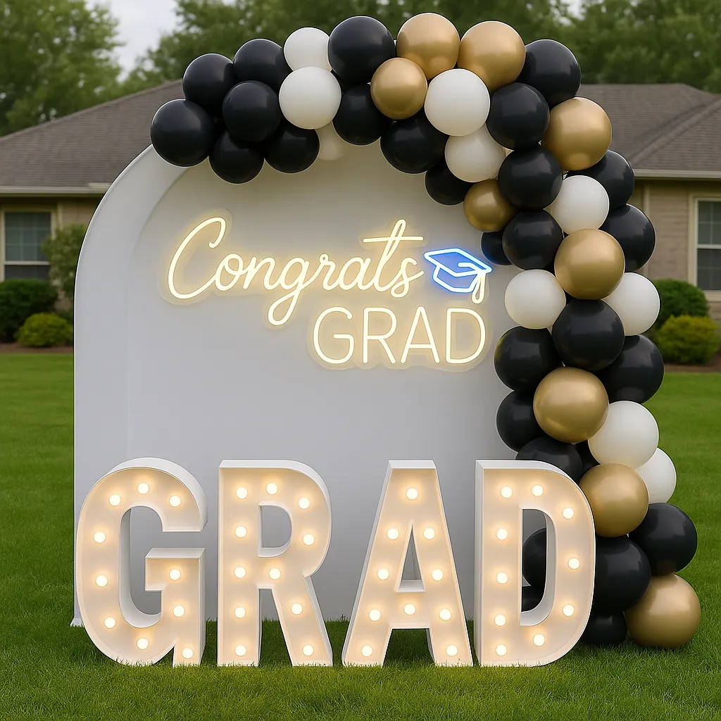 Balloon Arch with Congrats Grad Neon & Marquee Letters