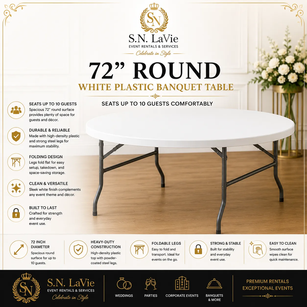 60" Round White Plastic Banquet Table – Seats Up to 8 Guests