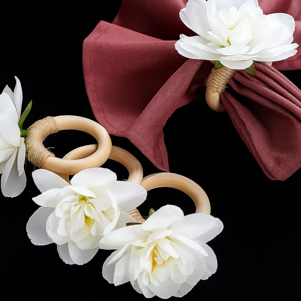 White Silk Jasmine Flower Napkin Ring with Wooden Holder