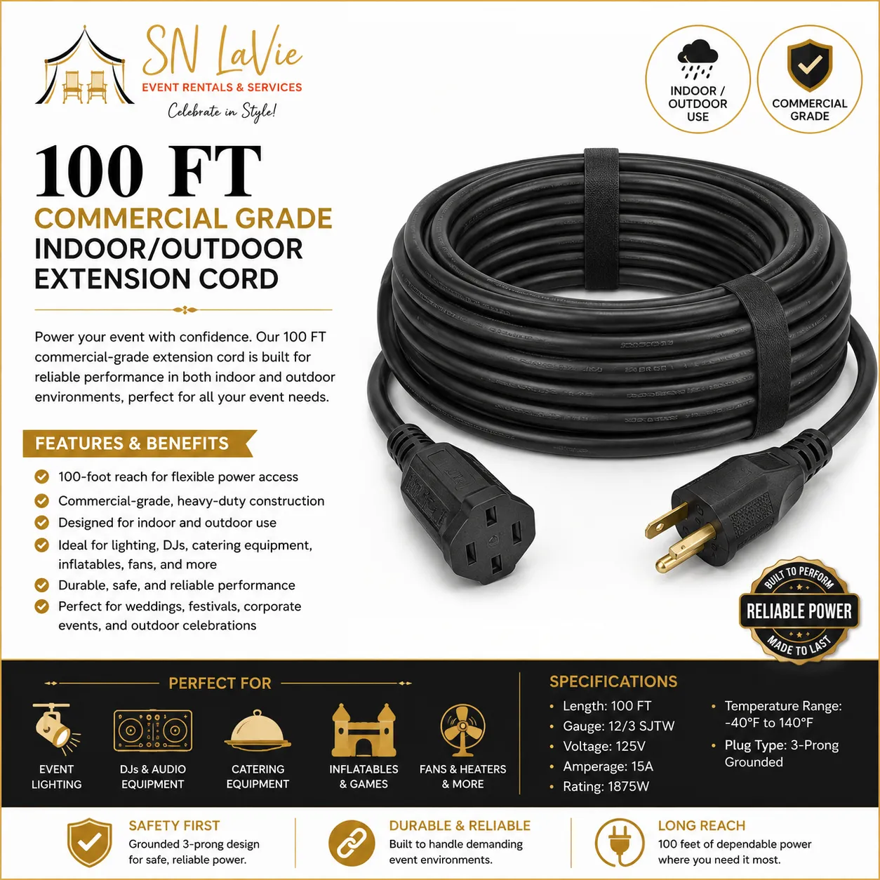 100 FT Commercial Grade Indoor/Outdoor Extension Cord