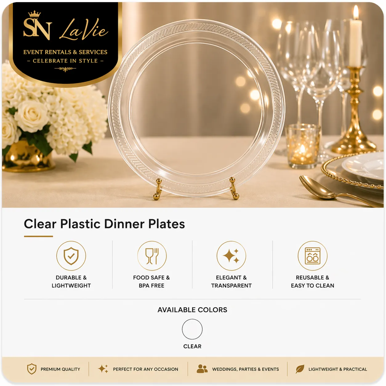 50-Pack 10.25" Clear Plastic Dinner Plates