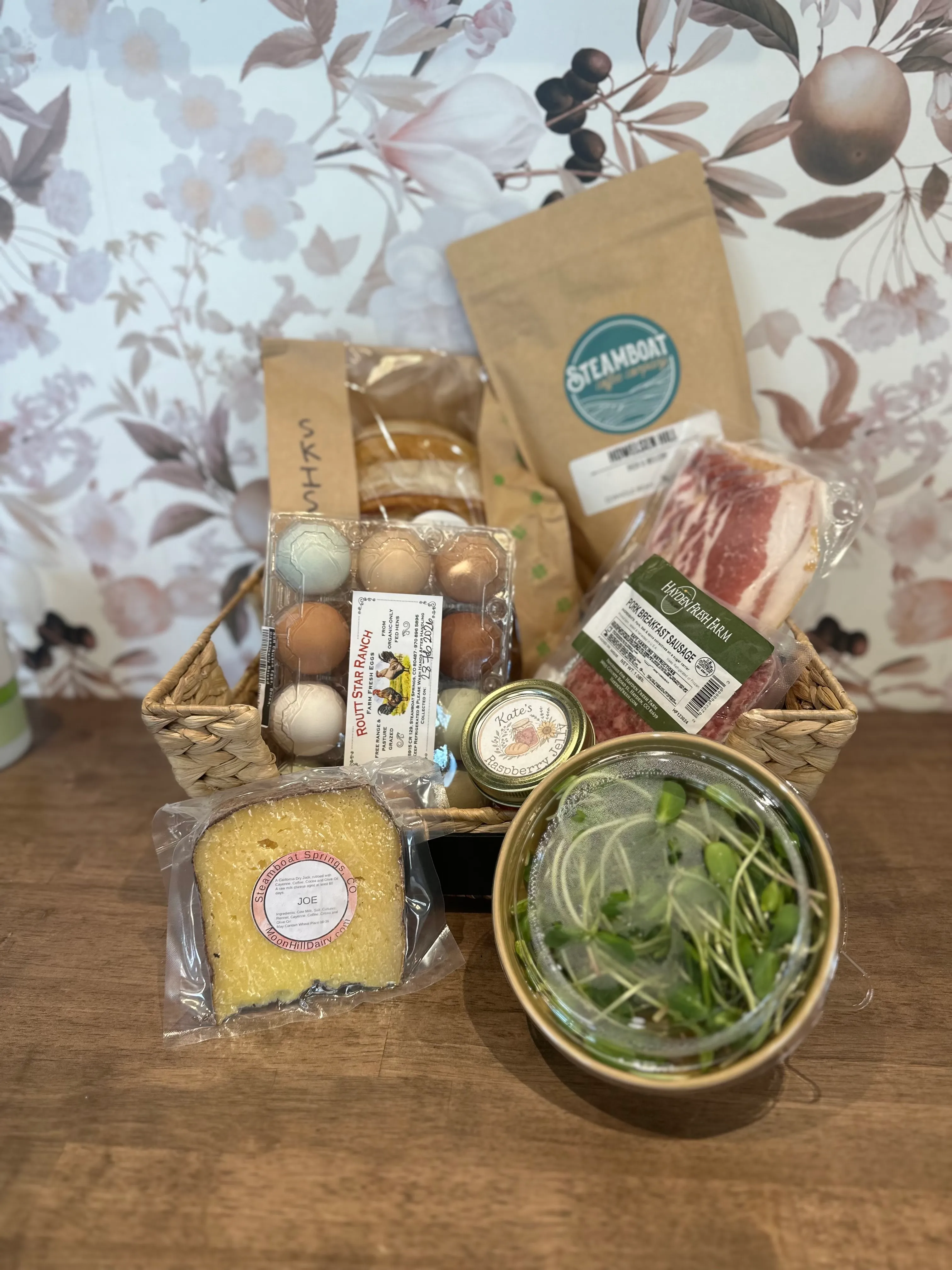 Extended Stay Local Food Basket- Sourdough, jam, eggs, sausage or bacon, microgreens, cheese, coffee