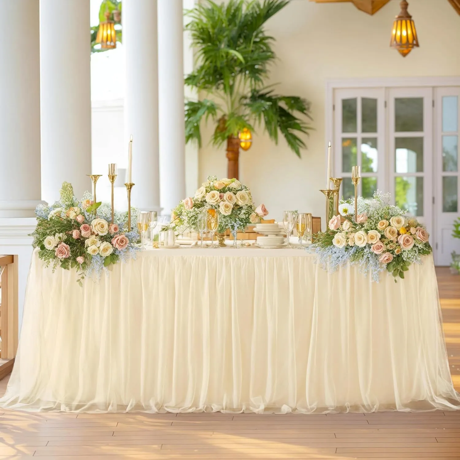8 FT Champagne Ruffle Tulle Table Skirt
