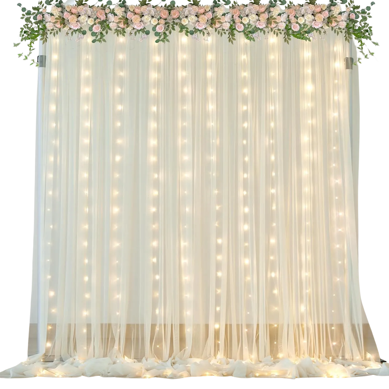 10 ft x 8 ft Ivory Tulle Backdrop Curtain with String Lights