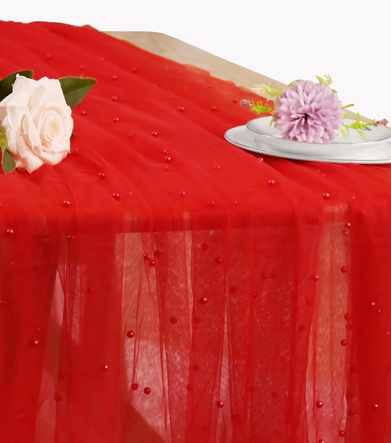 29" x 120" Red Pearl Tulle Table Runner