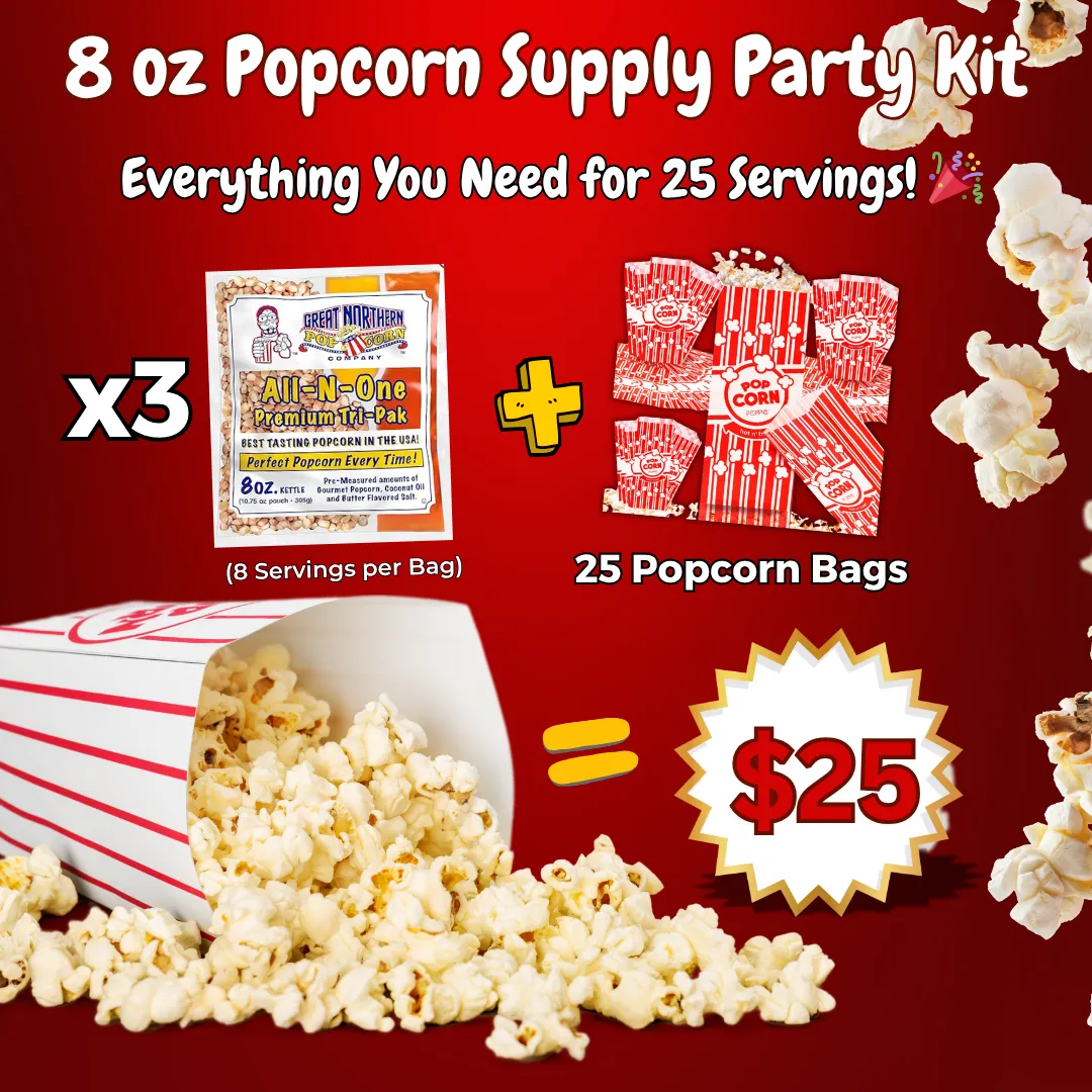 8 oz Popcorn Supply Kit – 3 All-in-One Pouches + 25 Bags